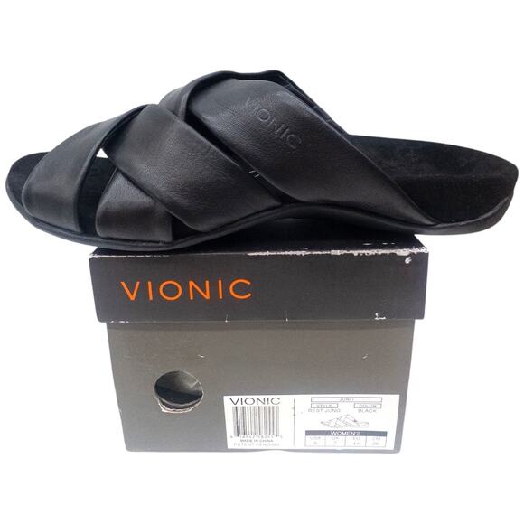Vionic Women's Juno Slide Sandals Arch Support Black Leather Size 9 - Picture 1 of 8